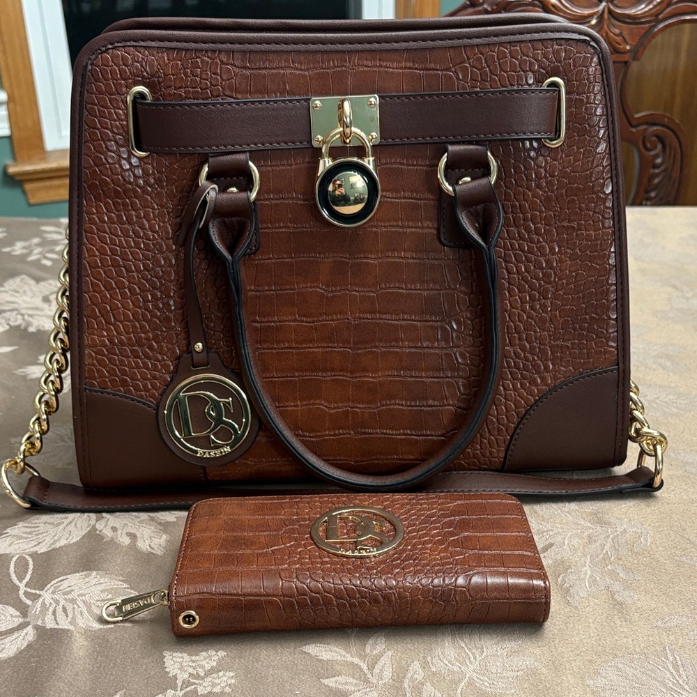 Elegant Brown Crocodile Embossed Satchel and Wallet Set